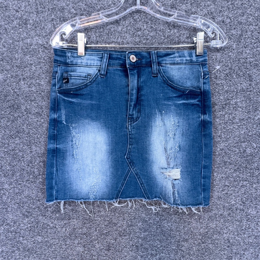 KanCan Denim Skirt Women 24 Blue Distressed Raw Hem Mini Jean Casual Stretch
